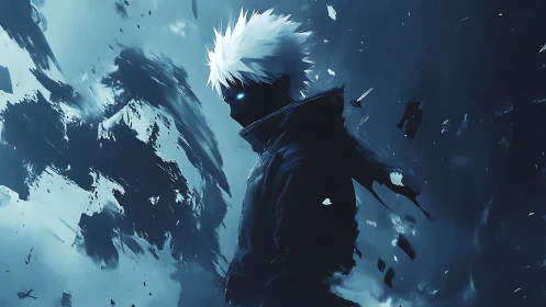 Monochrome cyber warrior silhouette with glowing cyan eyes