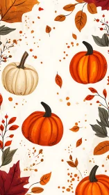 Autumn pumpkins and falling leaves seasonal pattern design.