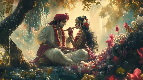 Indian Couple Adorned in Floral Wedding Garlands Under Golden Light