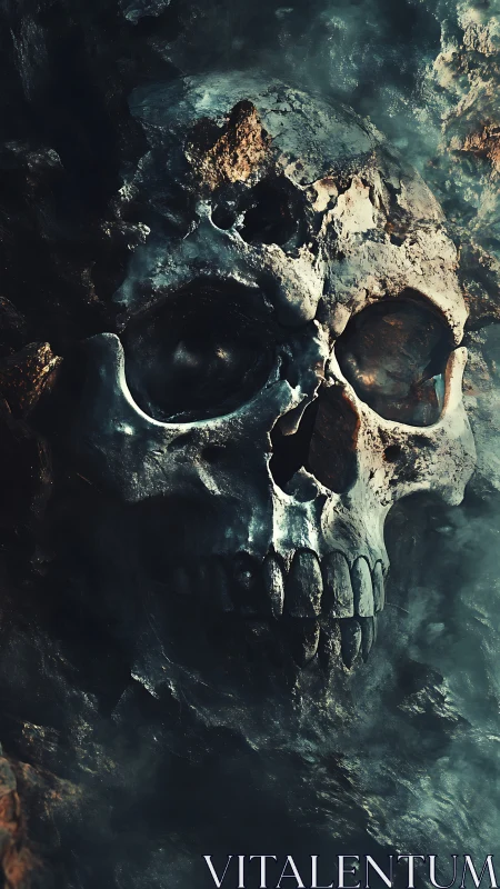 Weathered stone skull embedded in dark rocky cavern wall.