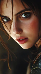 Resolute warrior close‑up with cinematic, freckled gaze.