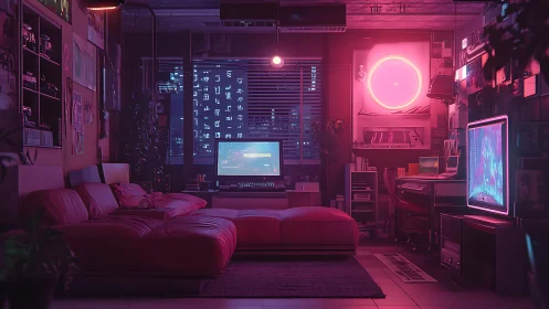 Neon-suffused cyber loft workstation with dual-screen media hub.