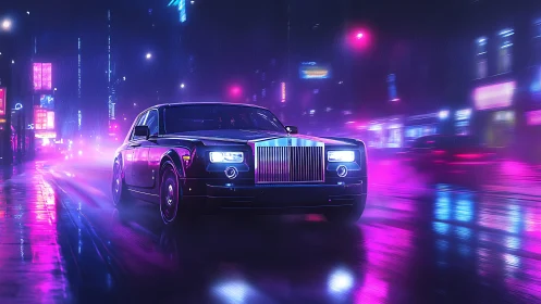 Midnight luxury ride gliding through neon city rain.