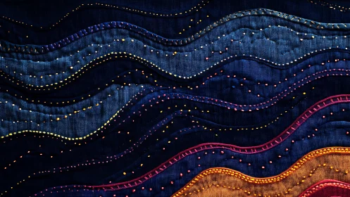 Layered textile waves articulate celestial topography in stitch