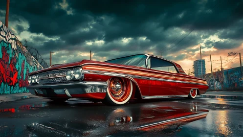 Lowrider car on wet urban street under stormy evening sky.