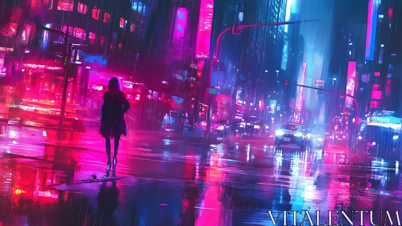 Lone figure in neon city street during heavy rainfall.