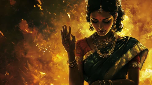 Golden-lit Indian woman in meditative classical pose.