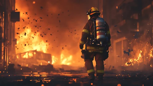 Firefighter Standing in Inferno.