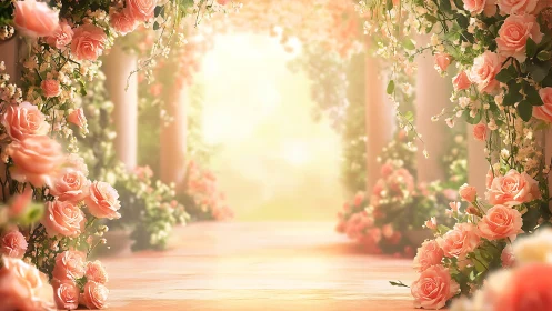 Floral Garden Archway with Cascading Roses and Golden Light