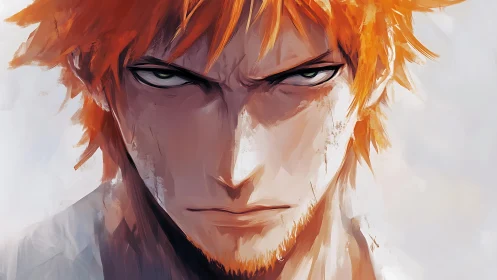 Storm-browed orange warrior glaring through painted silence.