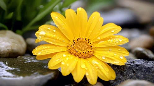 Yellow Gerbera Daisy with Rainwater Droplets on Stone Surface