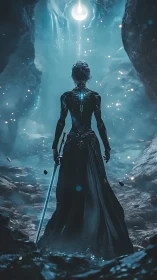 Luminous warrior strides toward a glowing promise ahead.