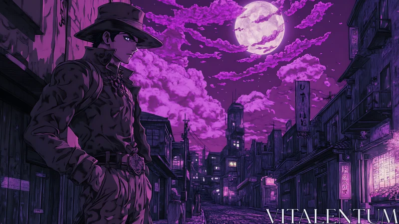 Lone anime wanderer walks a neon violet moonlit city street