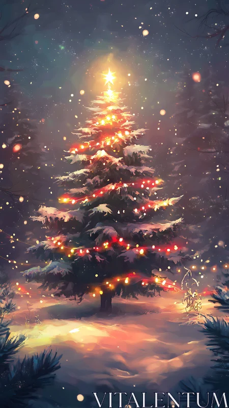 Snow-covered fir tree with glowing multicolor Christmas lights