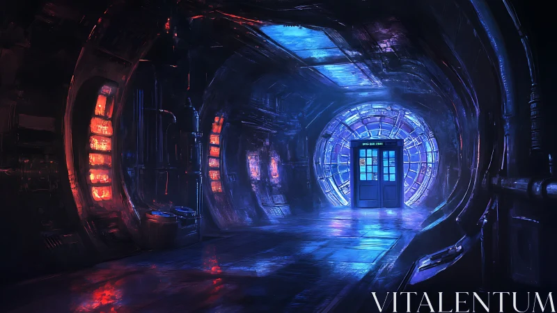 Lone blue police box glows at the end of a neon space tunnel