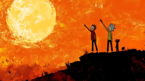 Cel-shaded figures salute overscaled sun on textured horizon