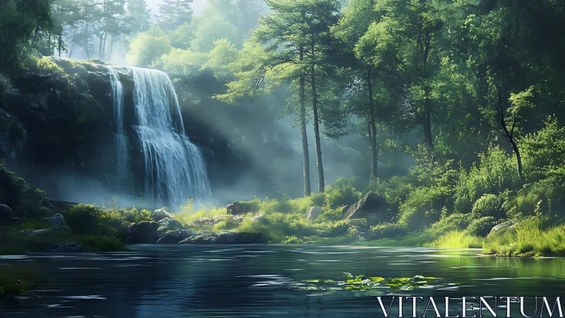 Cascading Waterfall Through Verdant Forest with Golden Luminescence.