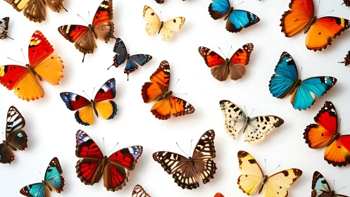 Colorful butterflies rest on white for vibrant natural art