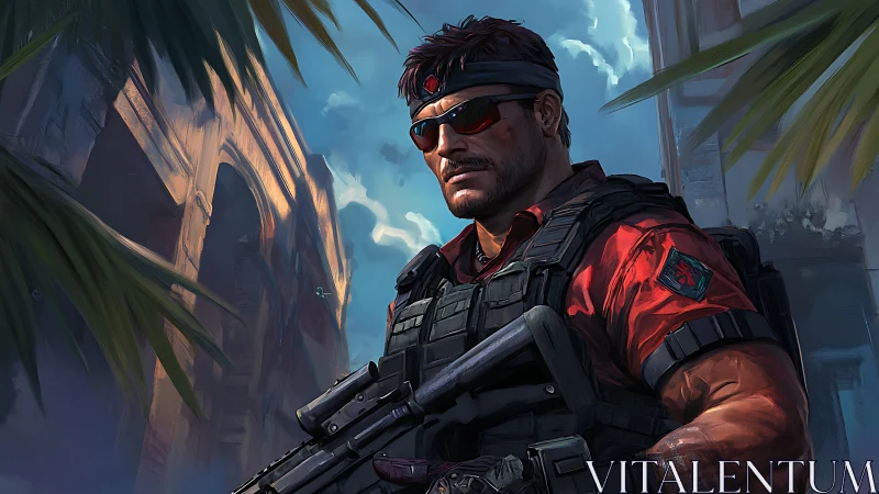 Heavily armed soldier in red shirt in urban ruins.