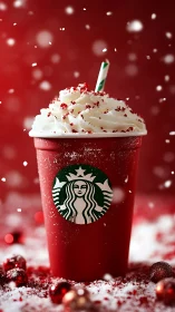 Red holiday cup with whipped cream and candy sprinkles.