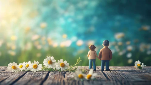 Two Figures Stand Among Daisies in Dreamlike Field.