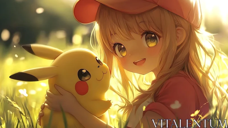 Sunlit anime girl cuddles Pikachu in glowing meadow warmth