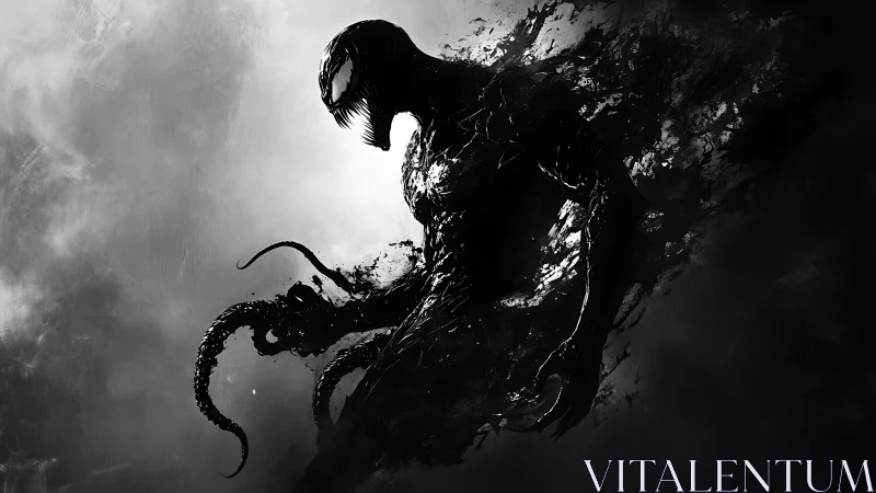 Ink-born shadow creature surges from swirling monochrome void.