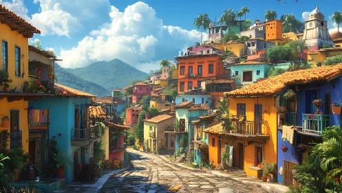 Color-saturated hillside village street under tropical daylight.