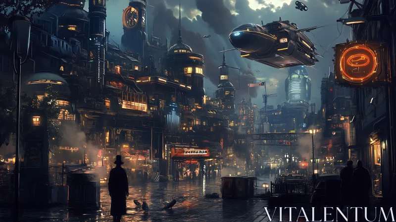 Moody cyberpunk city street with flying car at night.