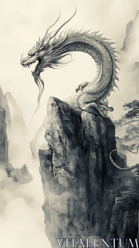 Ink-wash dragon coiled on misted cliffs in vertical composition.