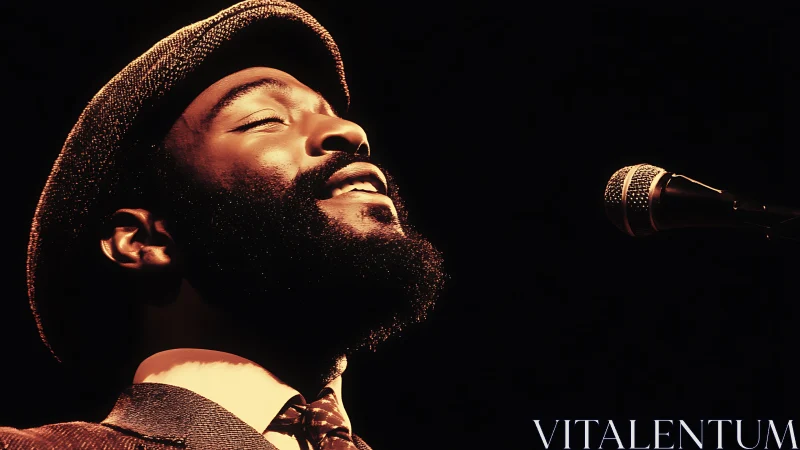 Soulful male singer in warm spotlight at microphone.