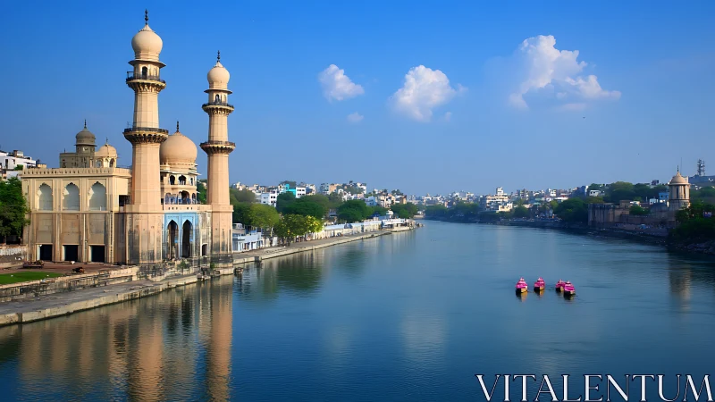 Riverside mosque architecture reflects in calm urban waterway