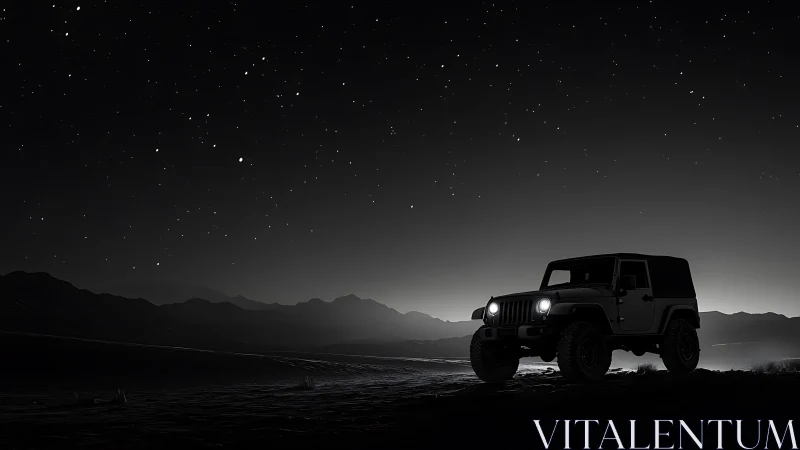 Photorealistic off-road SUV under starlit desert horizon.