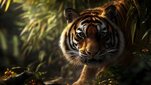Low-light jungle tiger rendered with high-contrast rim lighting