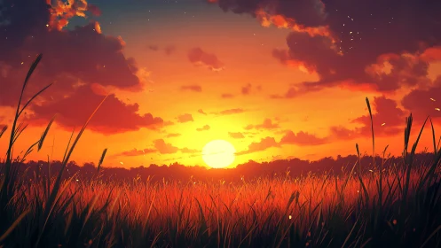 Radiant sun descends over glowing wheat field horizon at dusk.