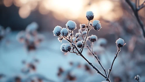 Snow-covered plant stems in soft winter backlight.