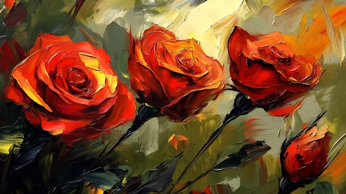 Oil painted roses rendered with gestural brushwork and saturated red tones.