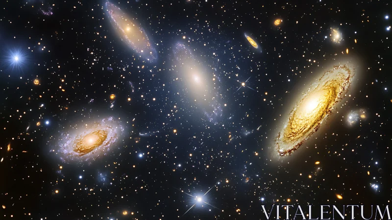 Spiral galaxies glow across deep cosmic starfield panorama.