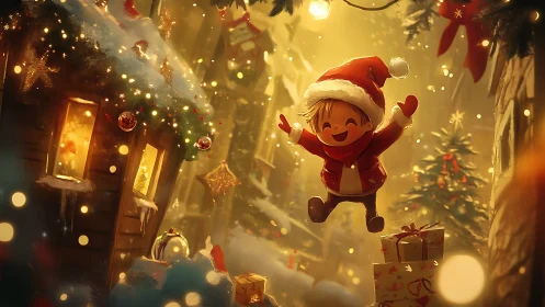 Joyful child rockets through glowing storybook Christmas night.