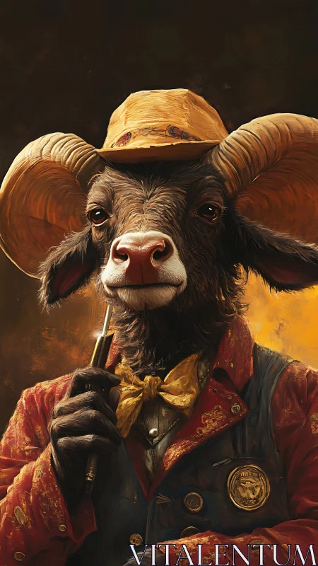 Ram in tailored suit and hat holding pen, warm portrait.