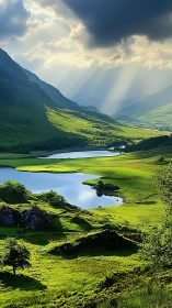 Sunbeams intersect a green valley with lakes and hills