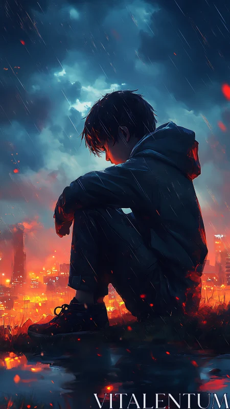 Solitary boy over burning city under stormy night rain.