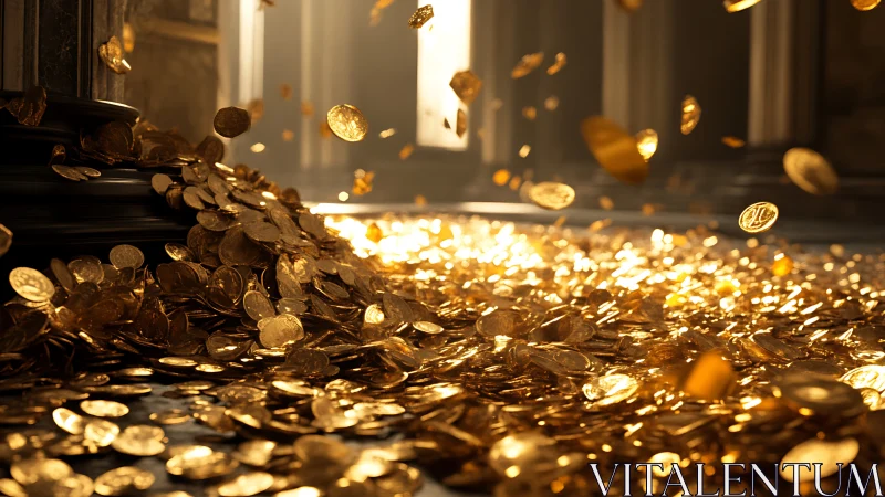 Golden coin cascade ignites a vault of shimmering light.