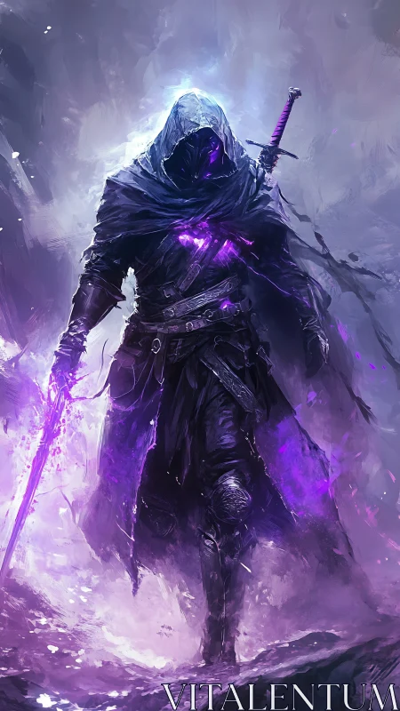 Arcane shadow wraith strides through volatile violet mist.