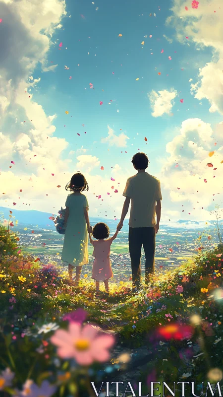 Family stands in flower meadow under bright summer sky.