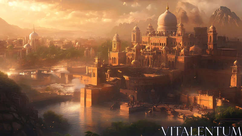 Golden riverside palace city glows softly in the evening light