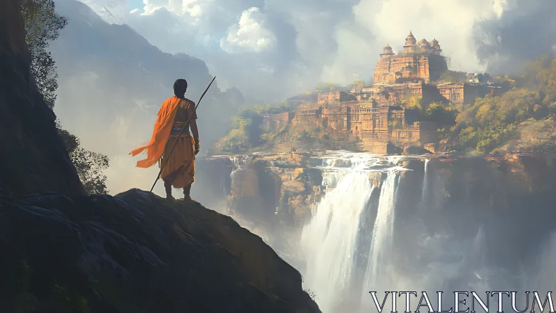 Monk in orange robe viewing cliffside temple over waterfalls.