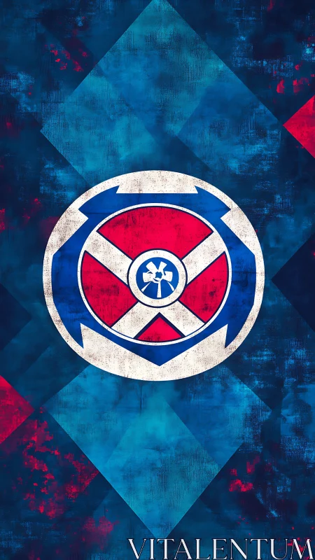 Geometric emblem with distressed blue and red diamond field.
