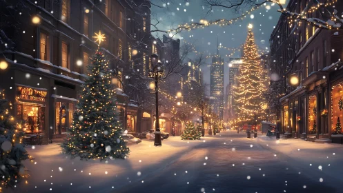 Cozy winter city street glowing with magical holiday lights.