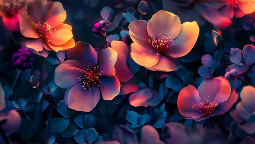 Neon Bioluminescent Flowers: Digital Rendering of Glowing Petals.